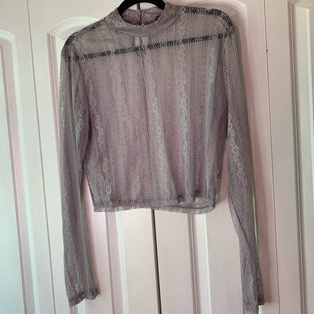 Lilac stretch lace crop mock neck long sleeve top